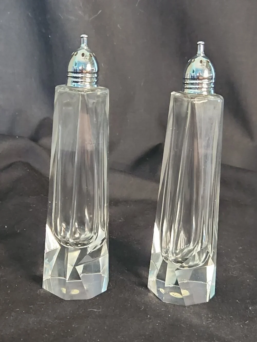 Vintage Salt & Pepper Shakers Clear Cut Glass Chrome Tops Art Deco Design